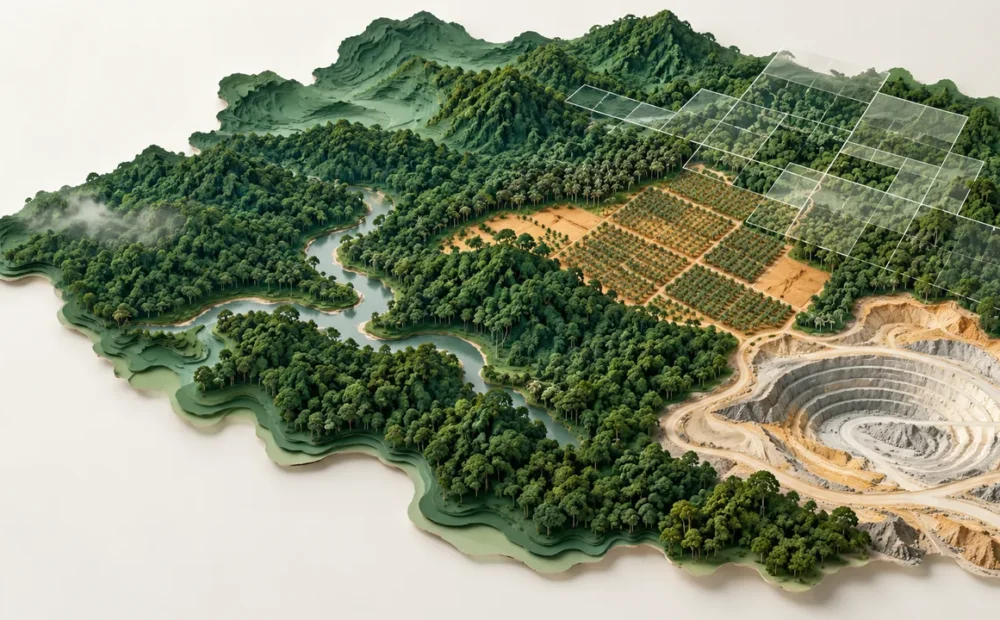 森林、种植园与矿区的地形纸雕，象征自然资源治理